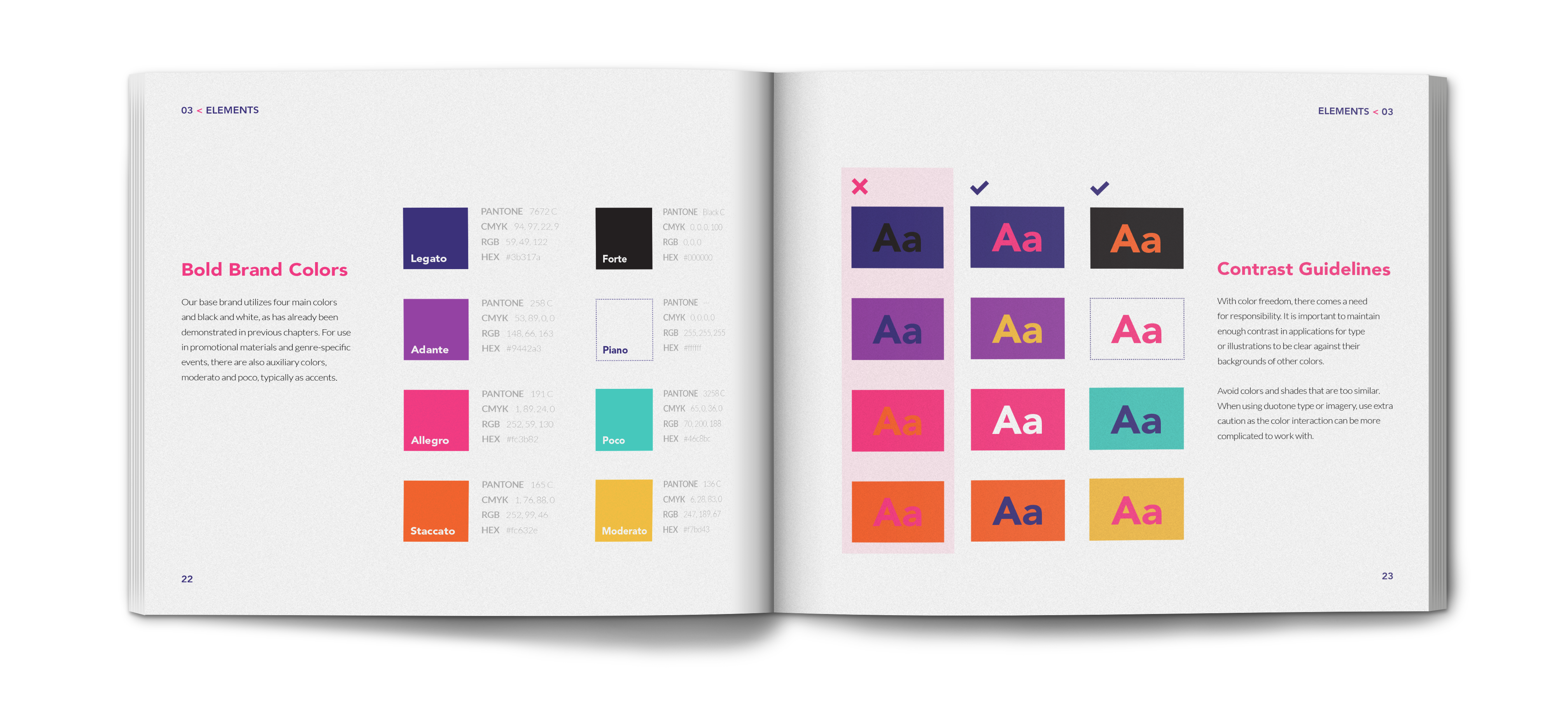 crescendo brand identity book showing color guidlines
