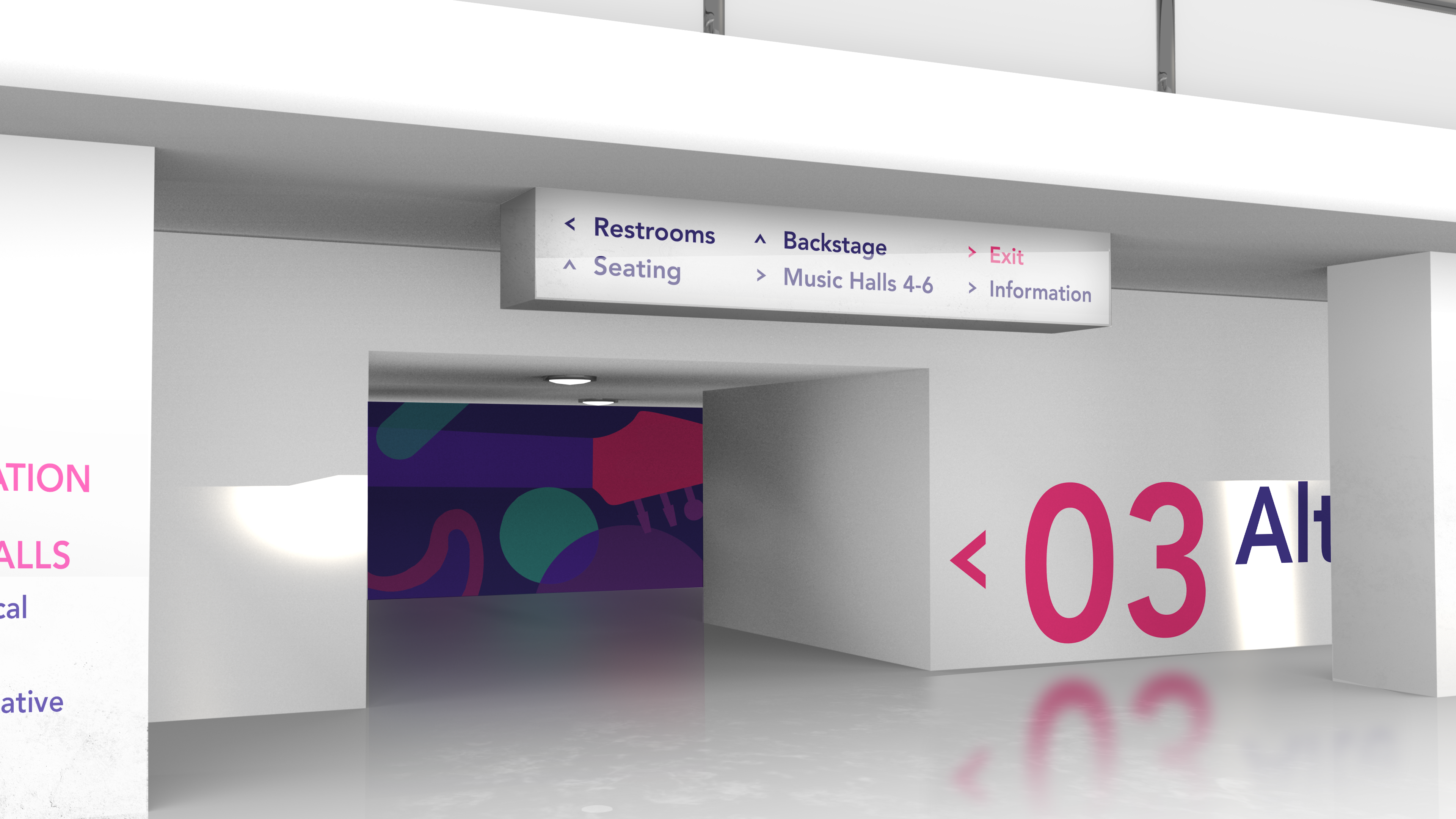 image of crescendo wayfinding showing genre-themed patterns in a hallway leading to a concert hall