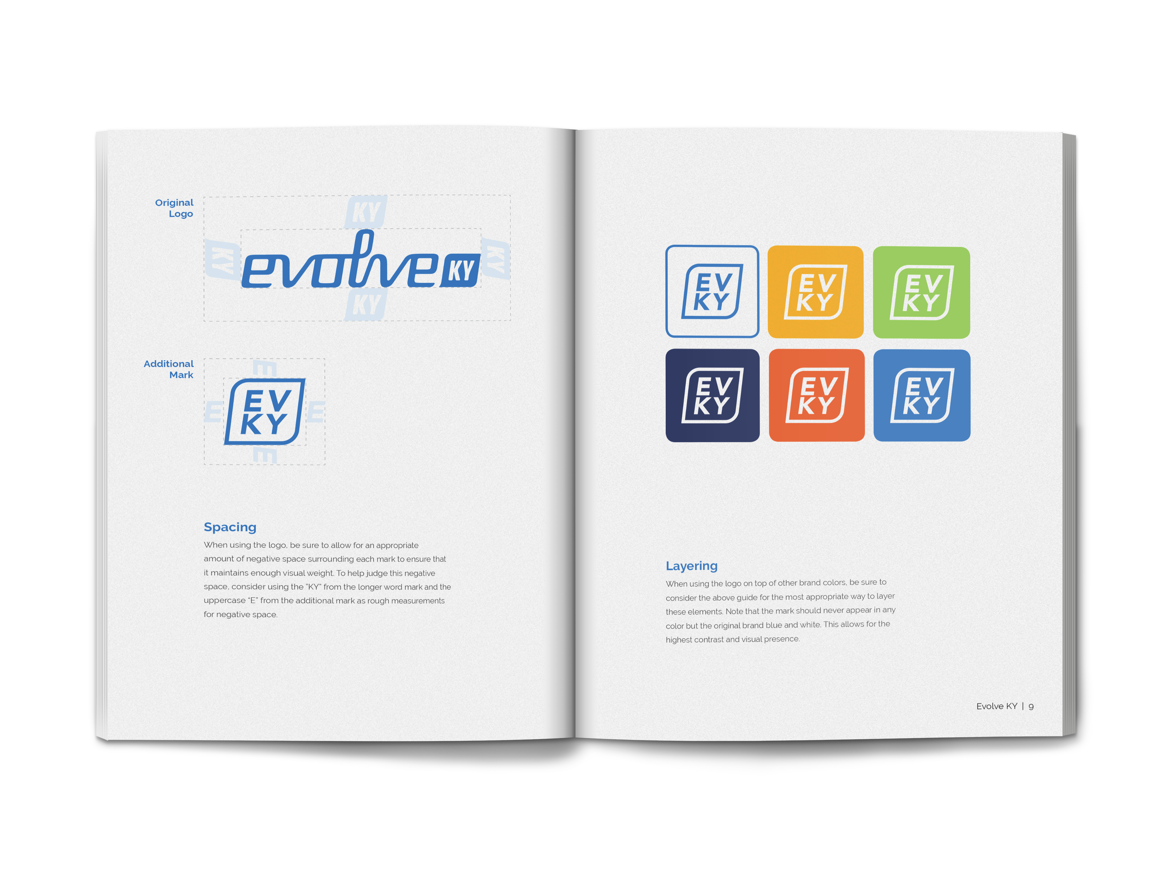 mockup of Evolve KY's brand standards guide showing the new secondary logo mark