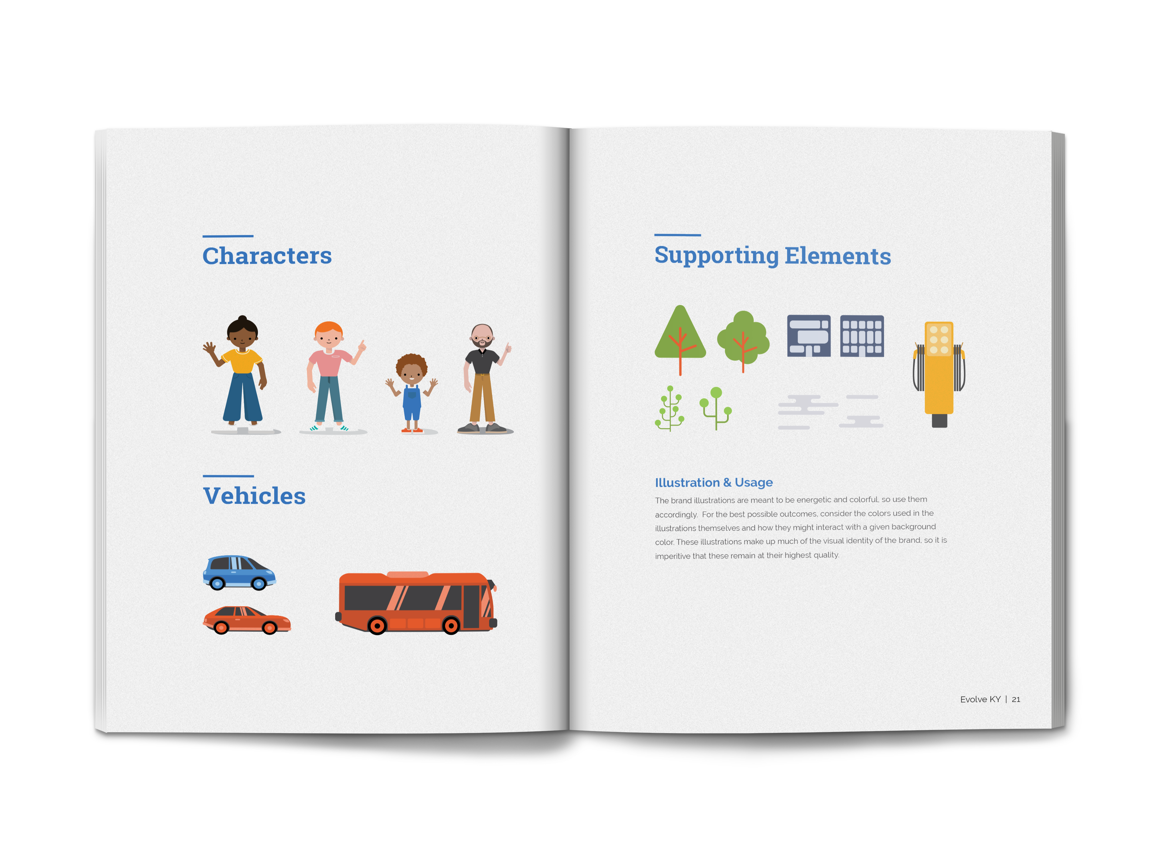 mockup of Evolve KY's brand standards guide outlining the illustrations and characters created for them