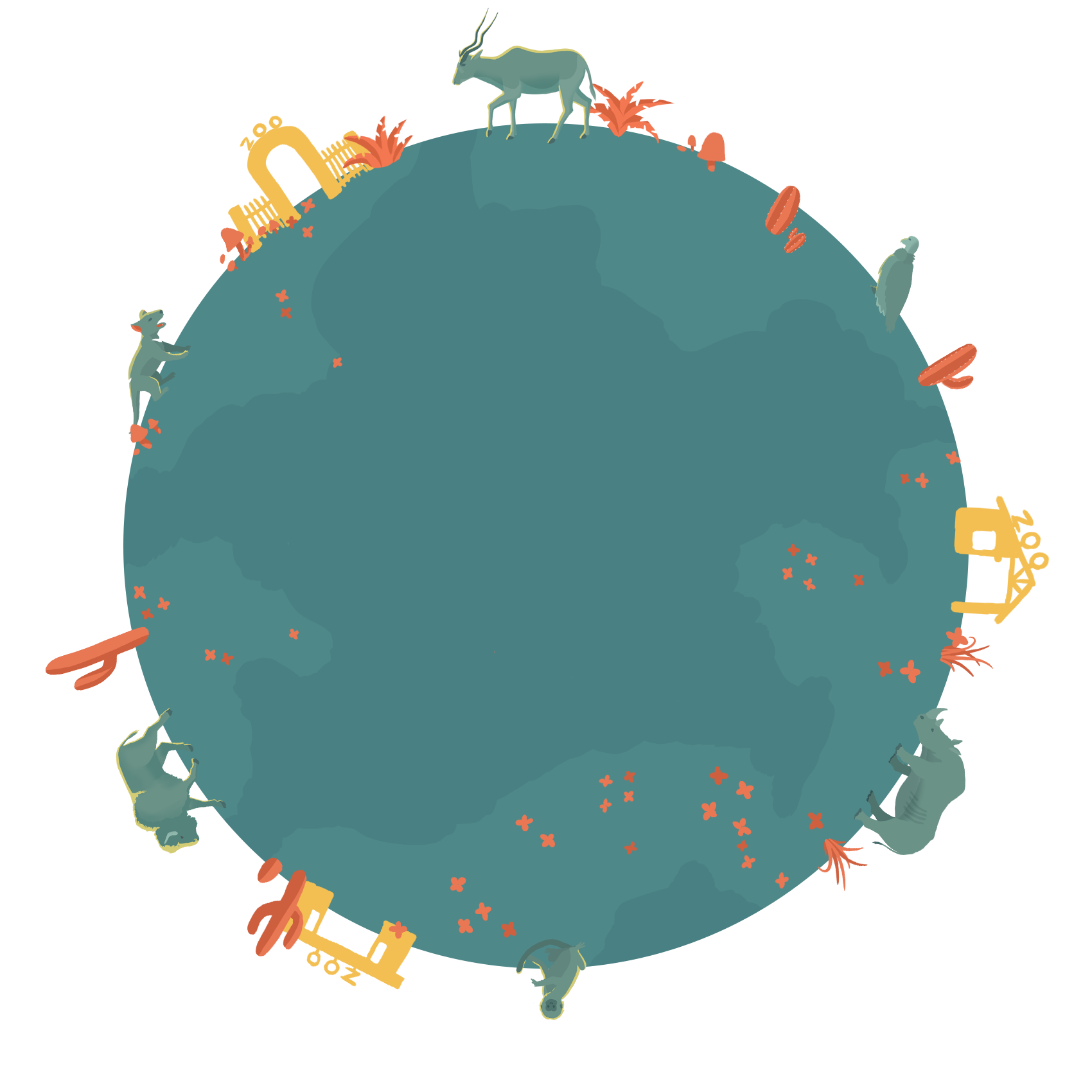 illustration of a globe with animals from the support zoos website on it