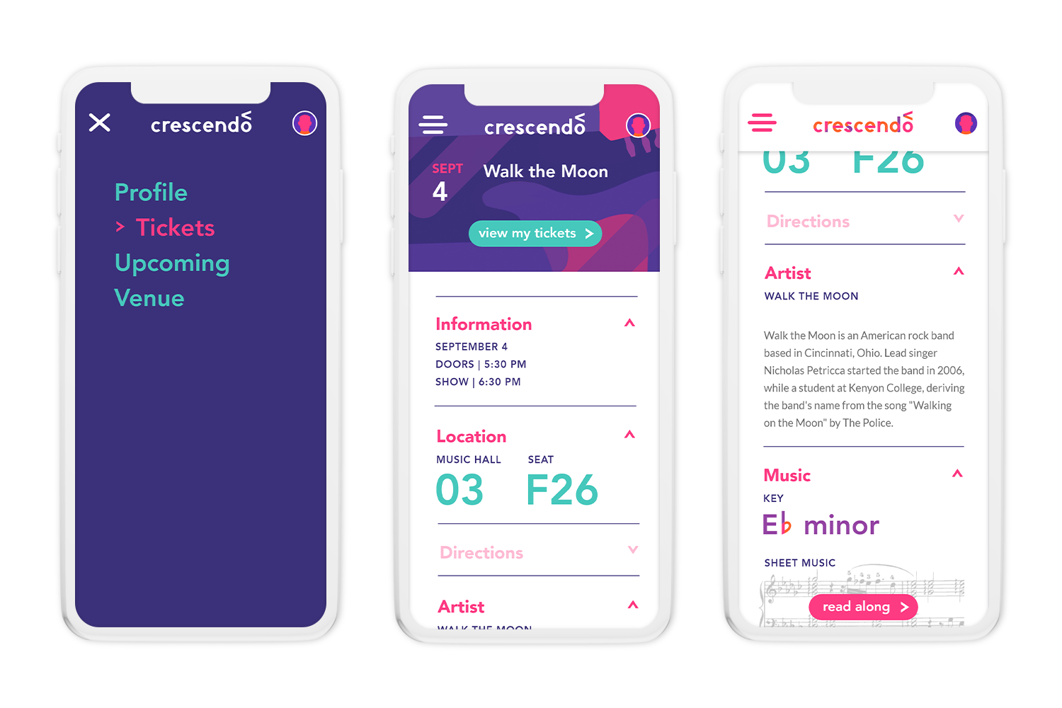crescendo ticketing app design in mobile mockups