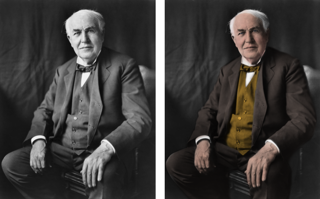 image showing before and after color correction of a photo of thomas edison