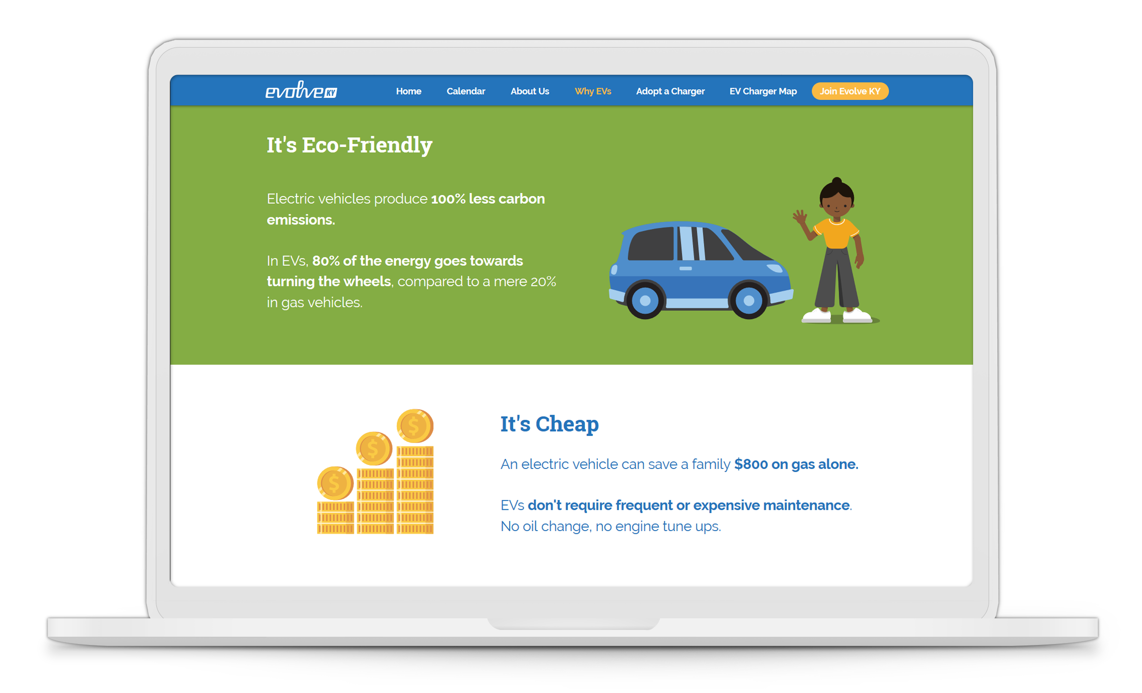 laptop mockup of Evolve KY's 'why EVs' page