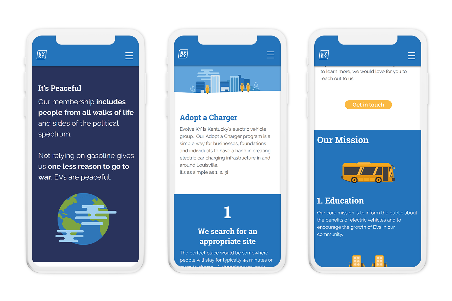 mobile mockups of several of Evolve KY's webpages