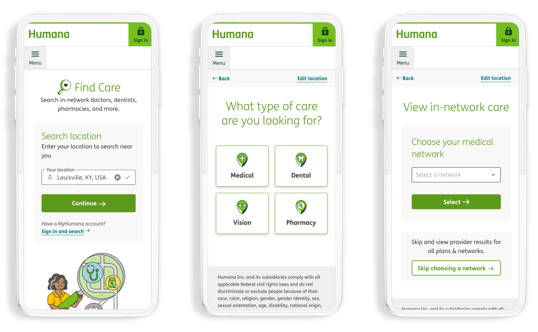 mobile mockups of Find Care's guest flow, where users enter their location, type of care, and plan network