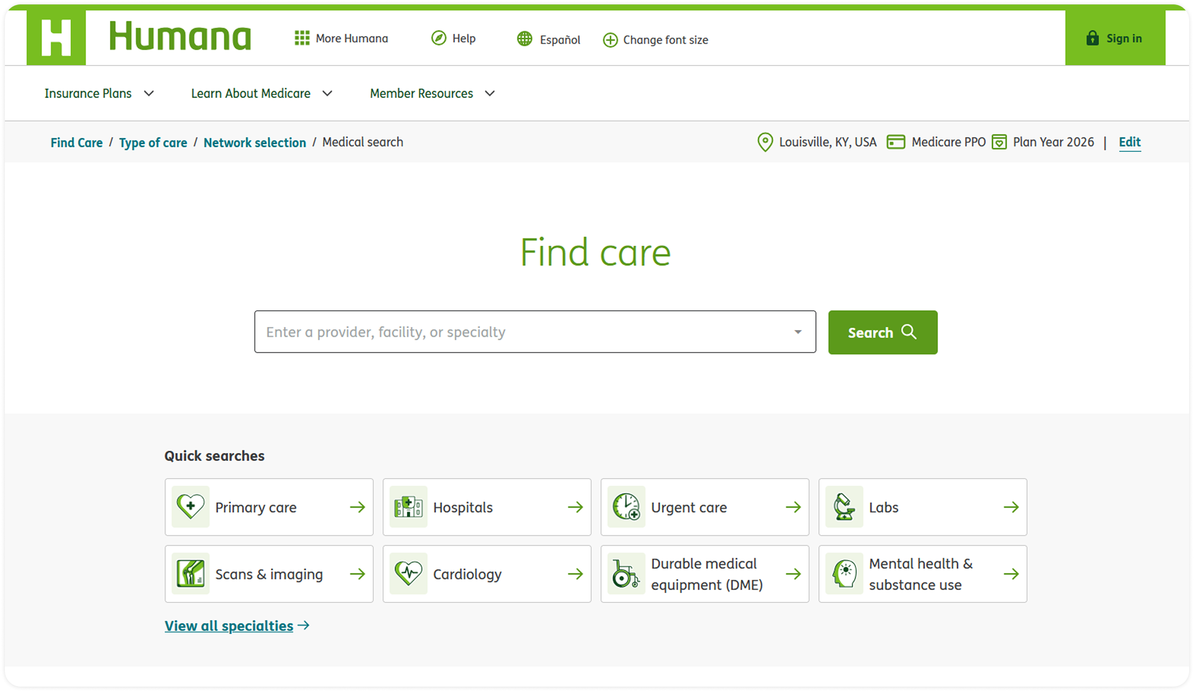 Find care's search page, featuring one-click 'quick searches' to help users who struggle to figure out a search term.