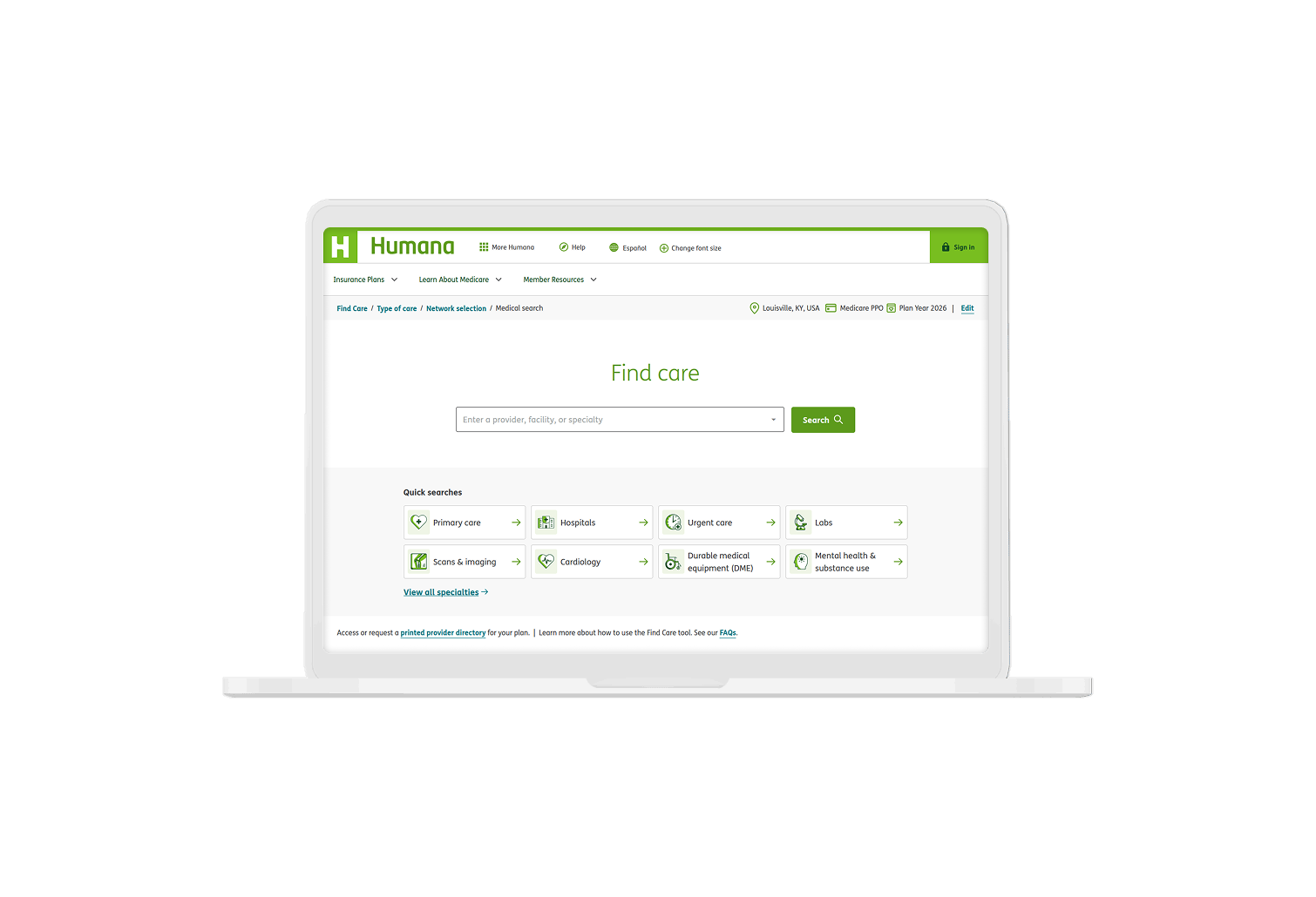 desktop mockup of Huamana's Find Care website
