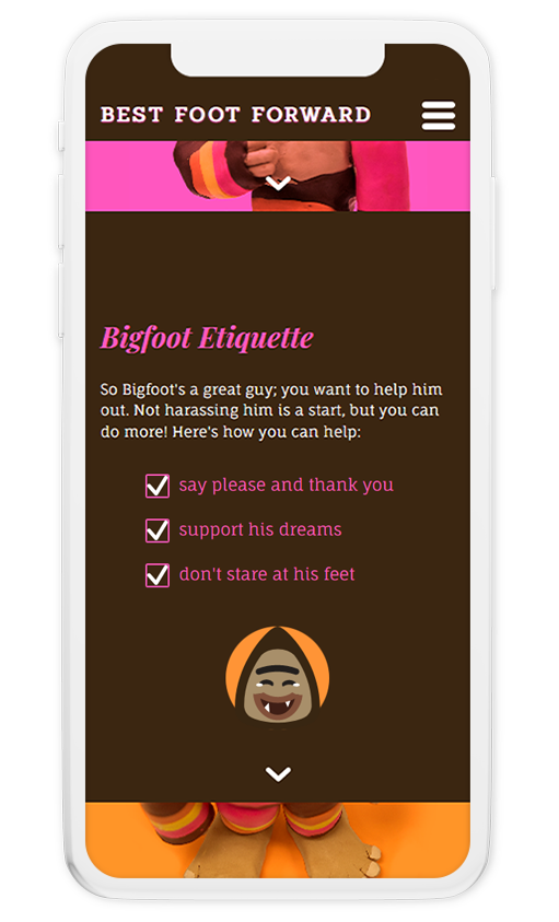 mockup of part of the website showing checkboxes for 'bigfoot etiquette,' ways to be kind to bigfoot