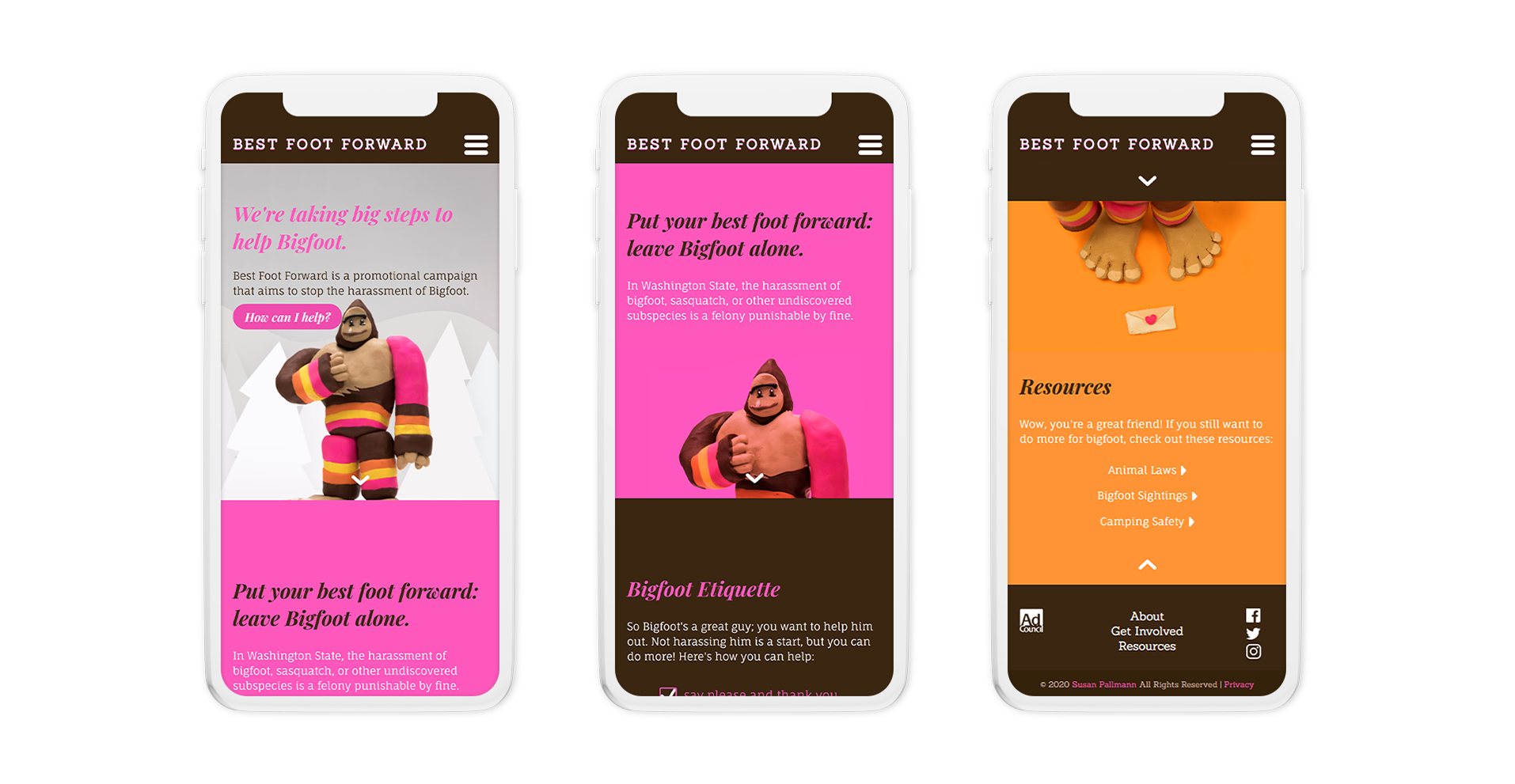 mobile mockups of the three main webpage sections