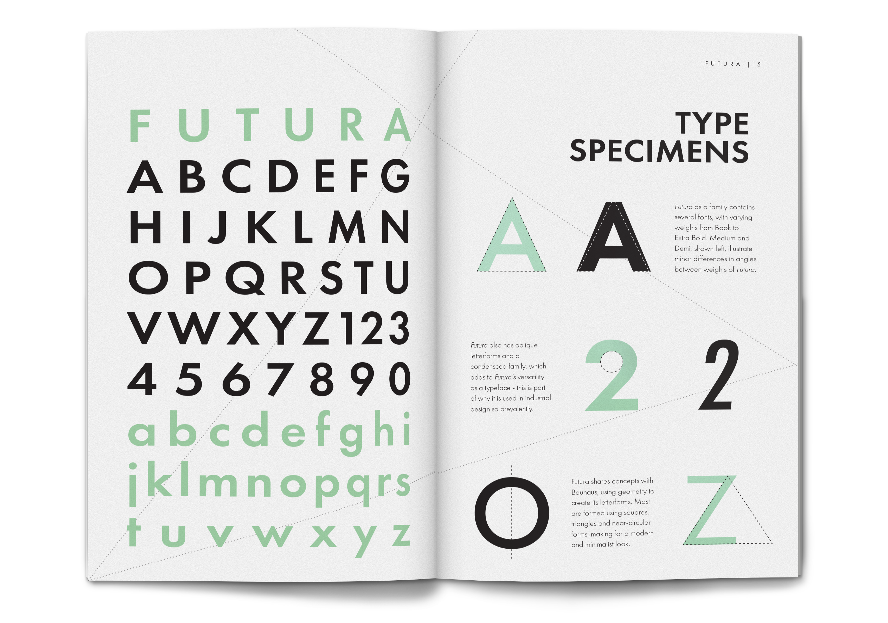 mockup of futura zine spread showing type samples