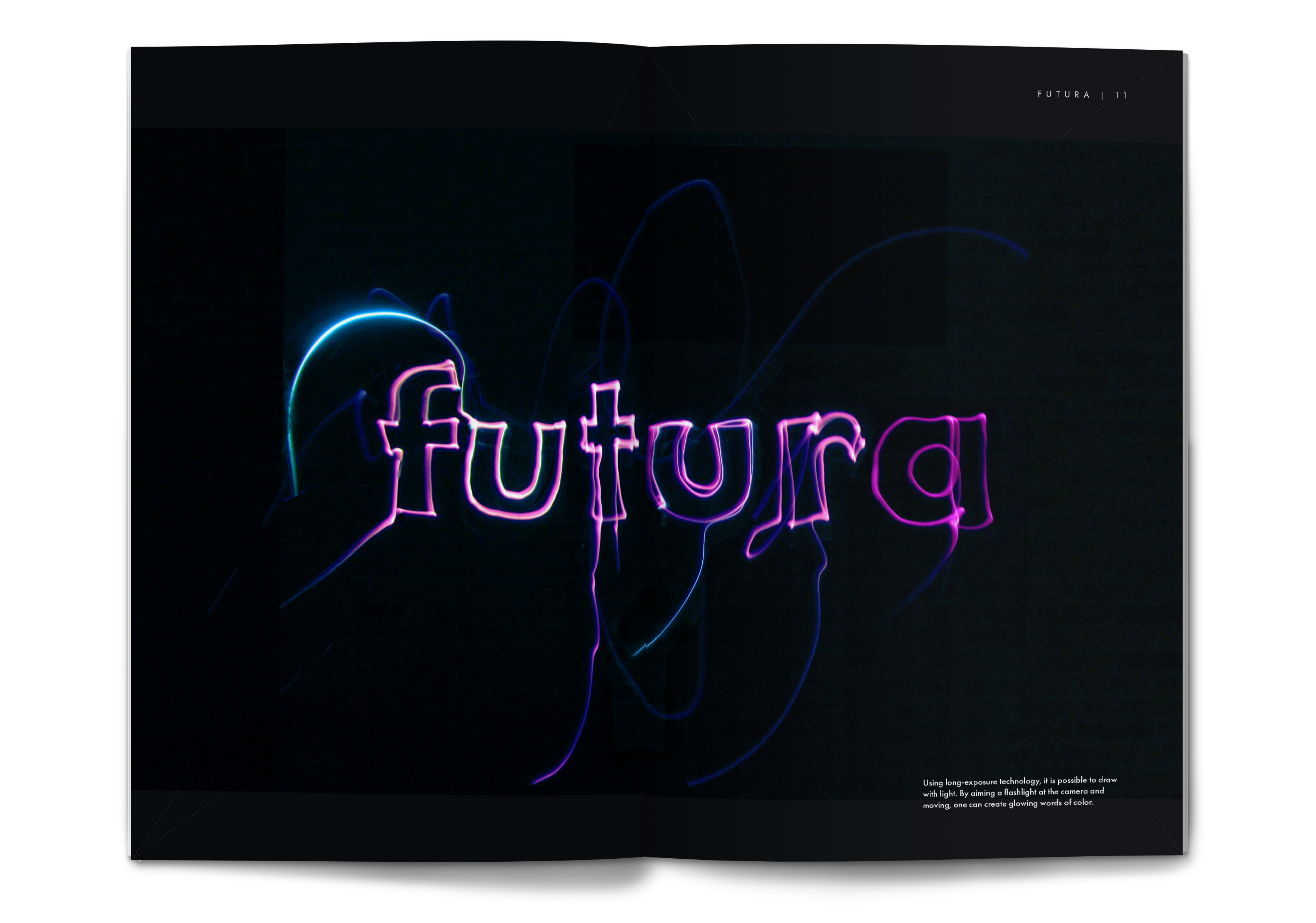 mockup of futura zine showing light writing reading 'futura'