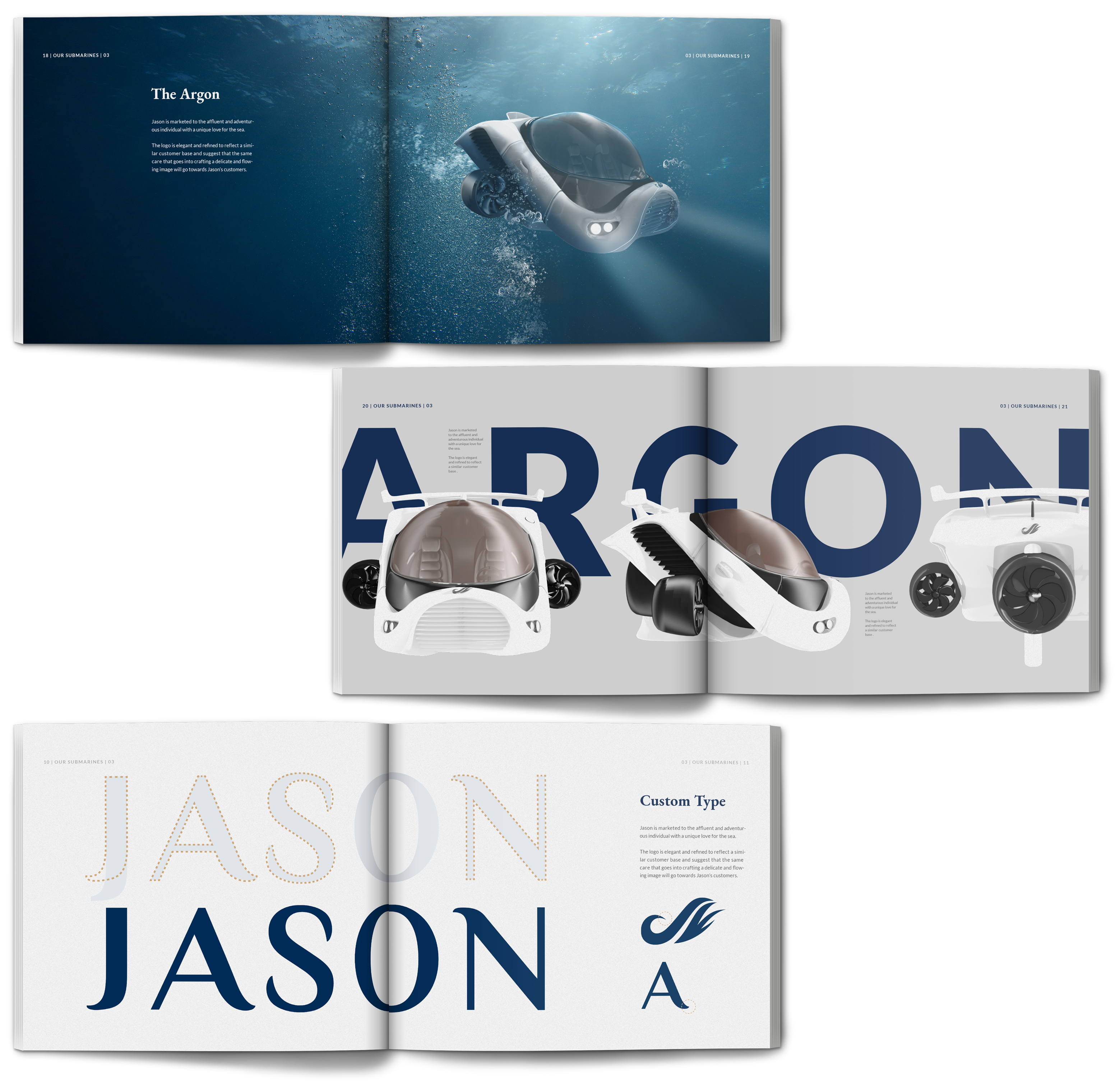 mockups showing several spreads from the Jason brand identity guidelines book